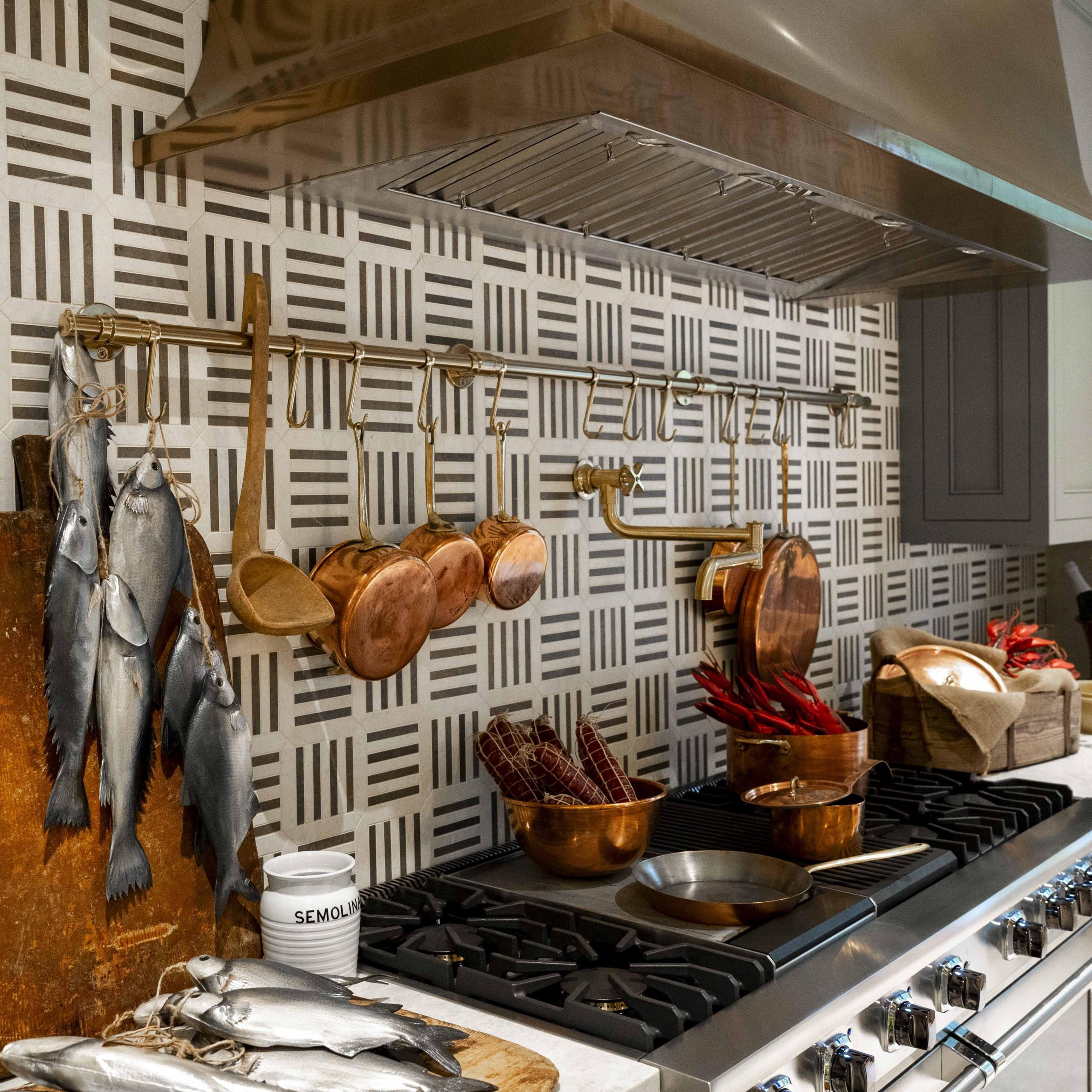 Wall-mounted brass Pot Rack with inset Ball style mounts and Button Finials
