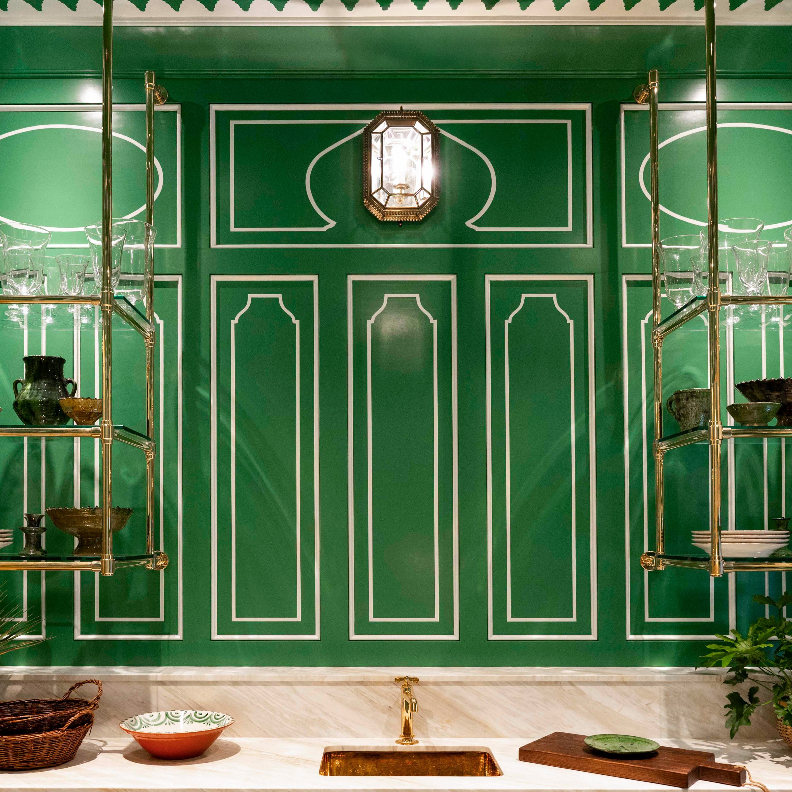 Ceiling & wall mounted Studio style Bistro Designer Shelving in polished brass with glass shelving