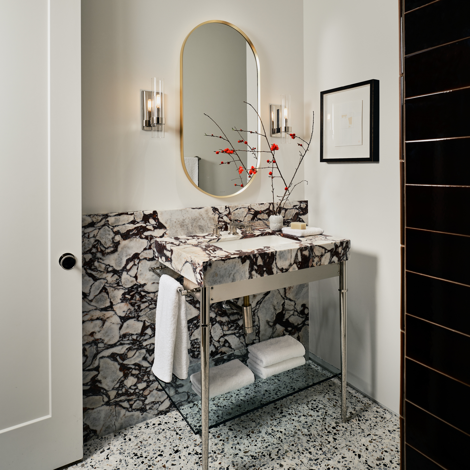 Bristol Style style Vanity Leg System in polished nickel with Glass Clip shelf supports and a glass shelf