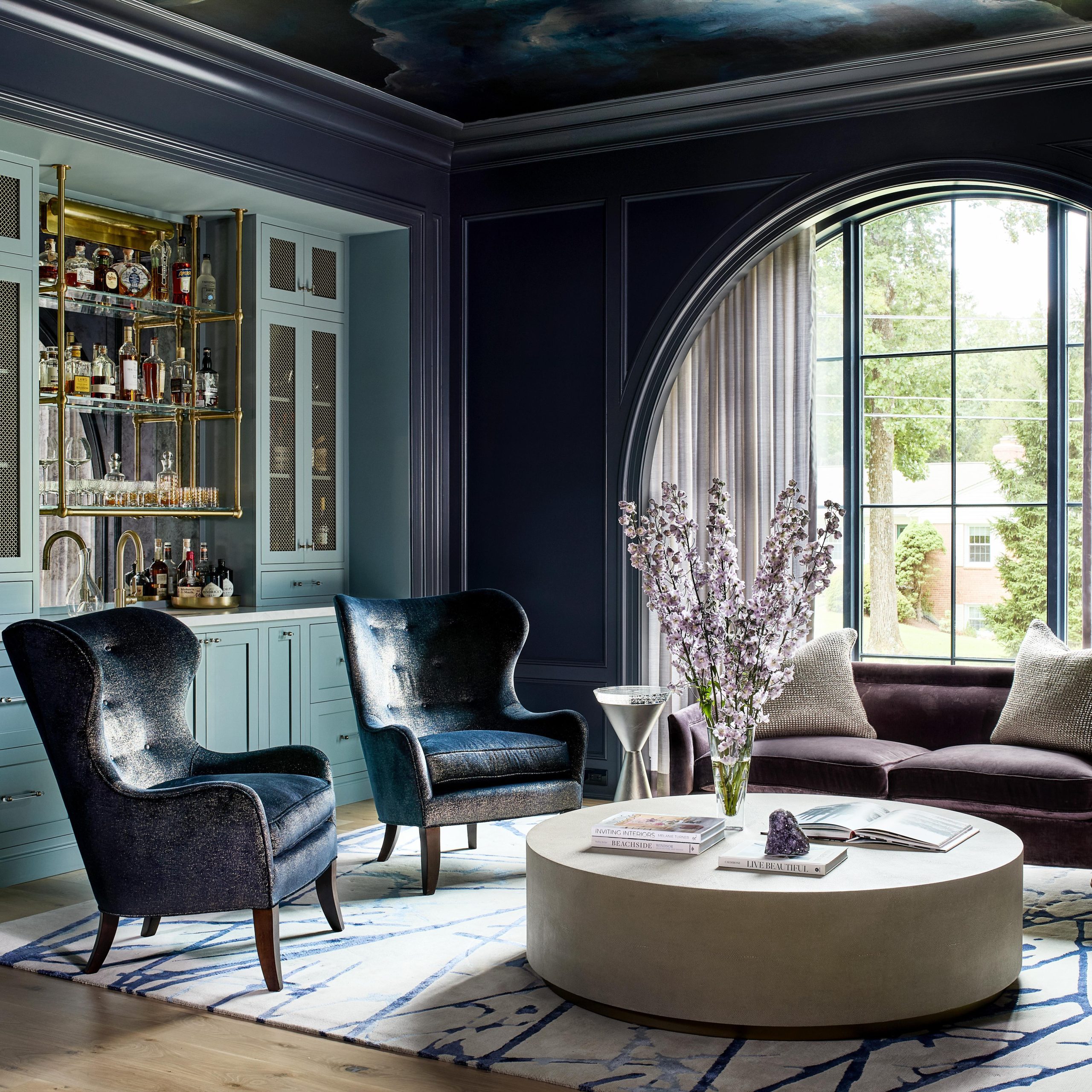 Ball style ceiling-mounted Bistro Designer Shelving in aged brass with glass shelves
