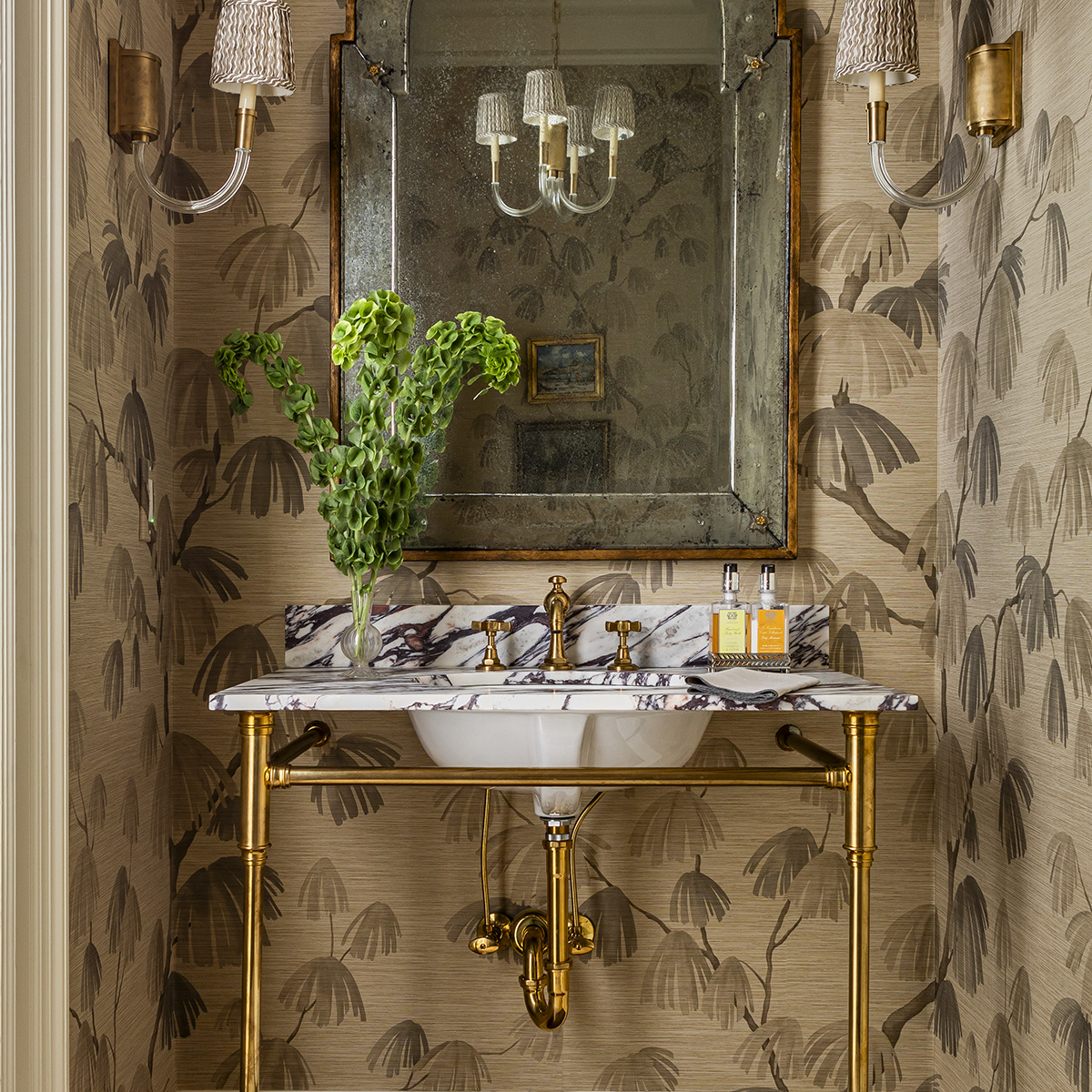 Westport style Vanity Leg System in polished brass with marble top