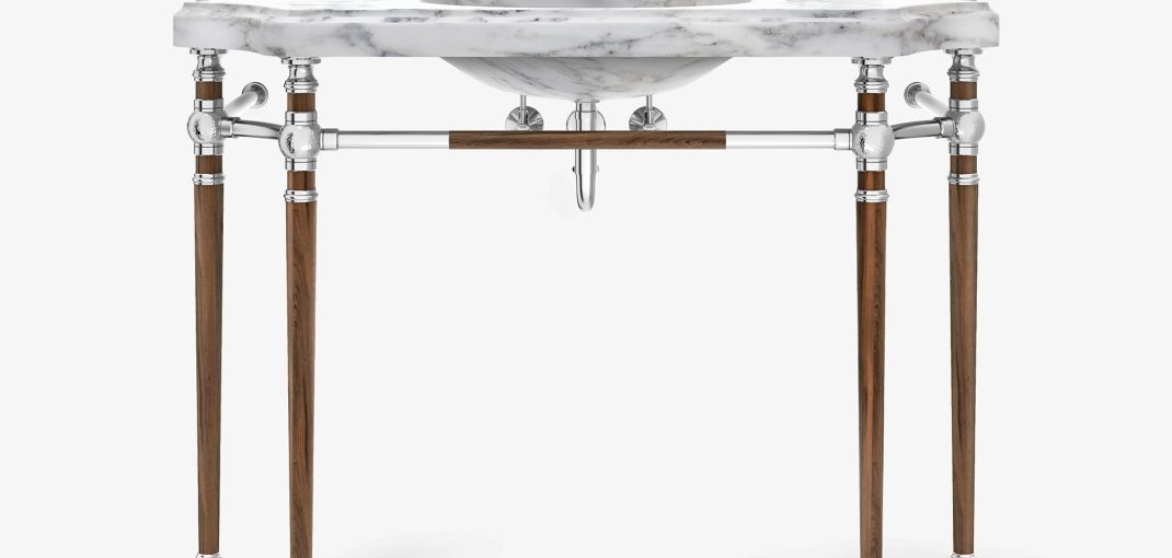Bayonne style Vanity Leg System in polished nickel and walnut heartwood with a Stone Forest Bayonne sinktop