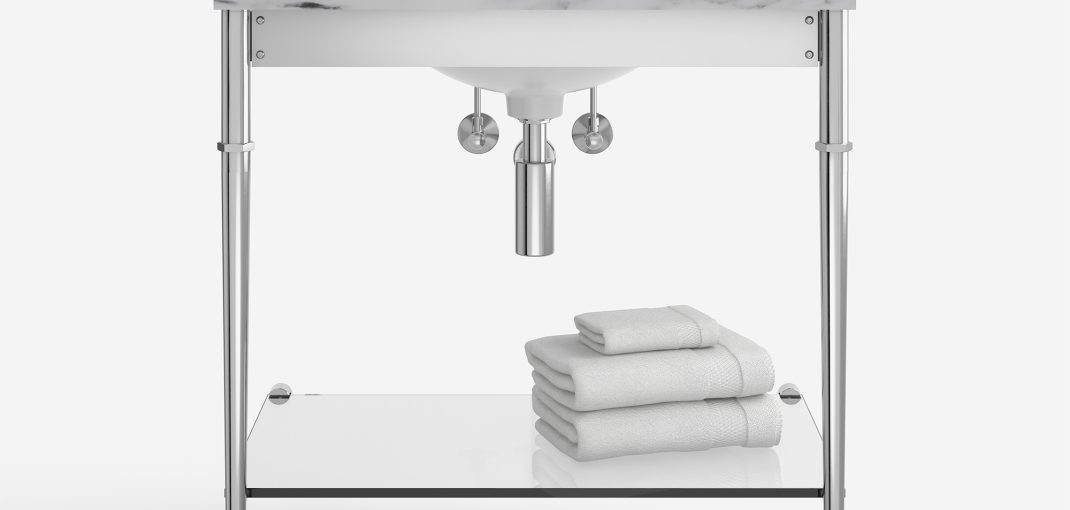 Bristol style Vanity Leg System in polished chrome with glass shelf