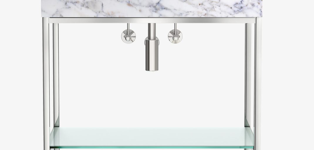 Linear style Vanity Leg System in polished nickel with a glass shelf