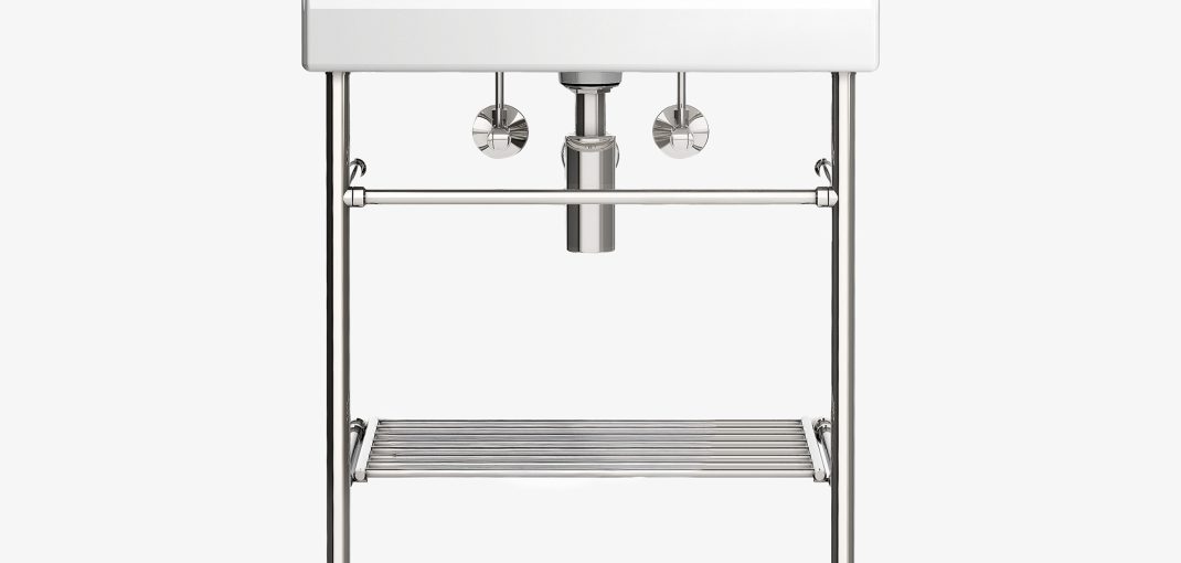 Metro style Vanity Leg System with a Tubular Metal Hotel style shelf and Low-Profile shelf supports in polished chrome