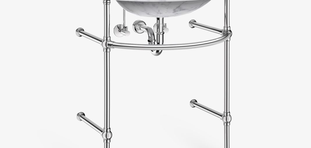 Petite Renaissance Vanity Leg System in polished nickel with a Stone Forest sinktop