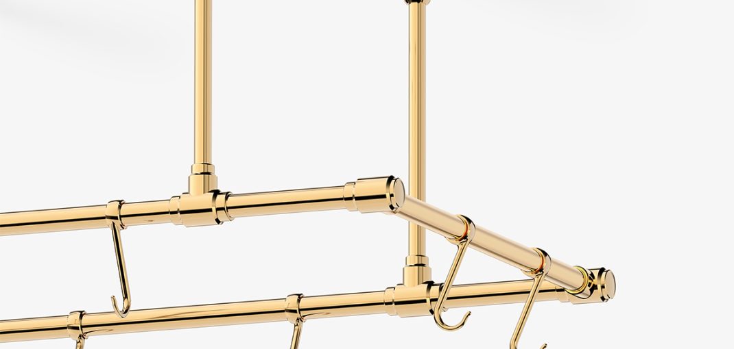 Detail of ceiling-mounted Studio Style Pot Rack with inset 3/4" diameter mounts