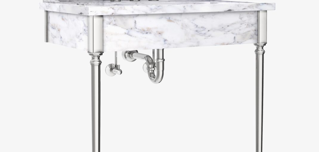 Providence style Vanity Leg System in polished nickel with marble aprons, top ,and backsplash shelf