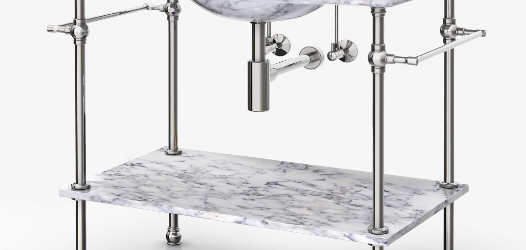 Victorian style Vanity Leg System in polished nickel with a marble top and shelf