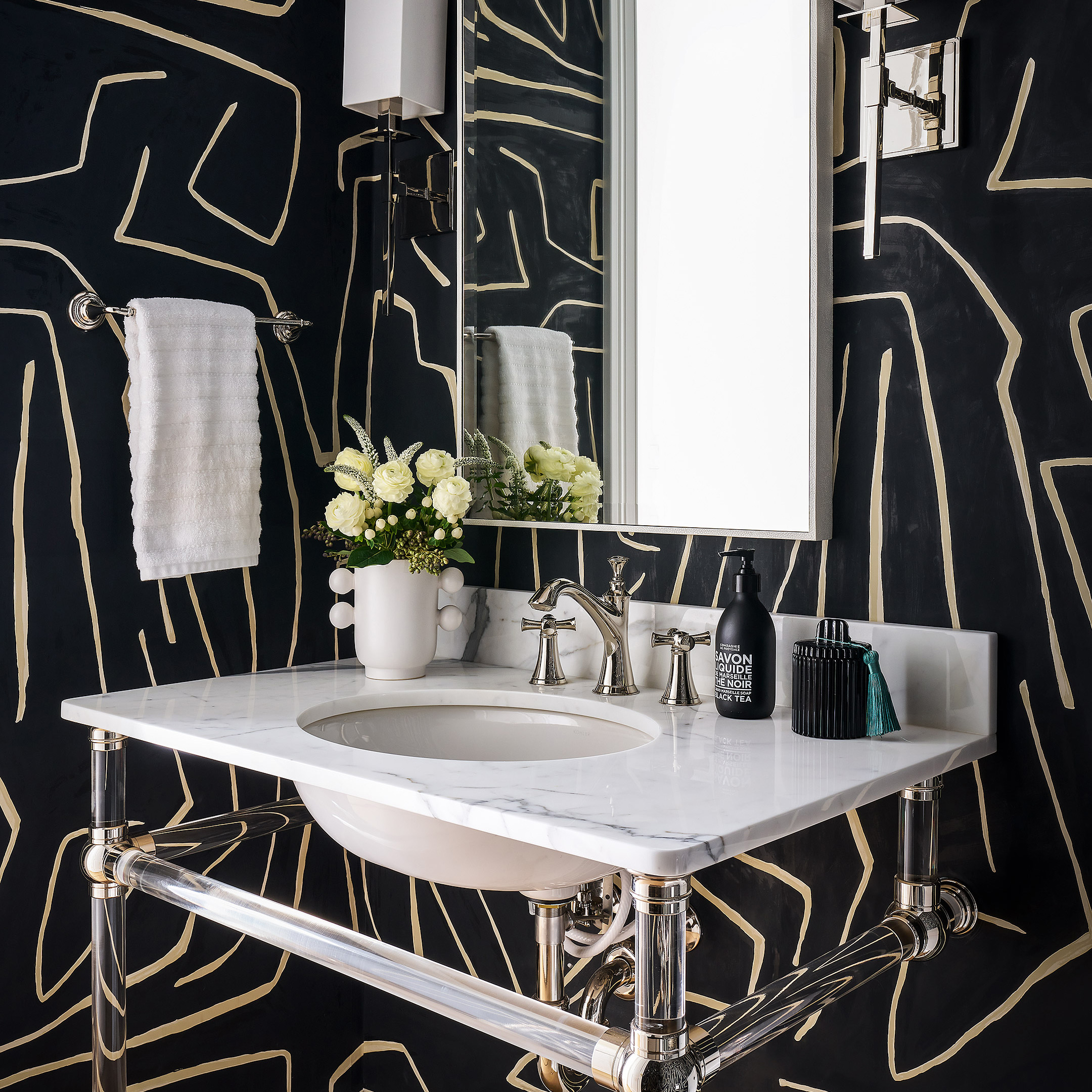 Tapered foot Vanity Leg System in polished chrome with Clear Acrylic Rod Legs & Horizontals