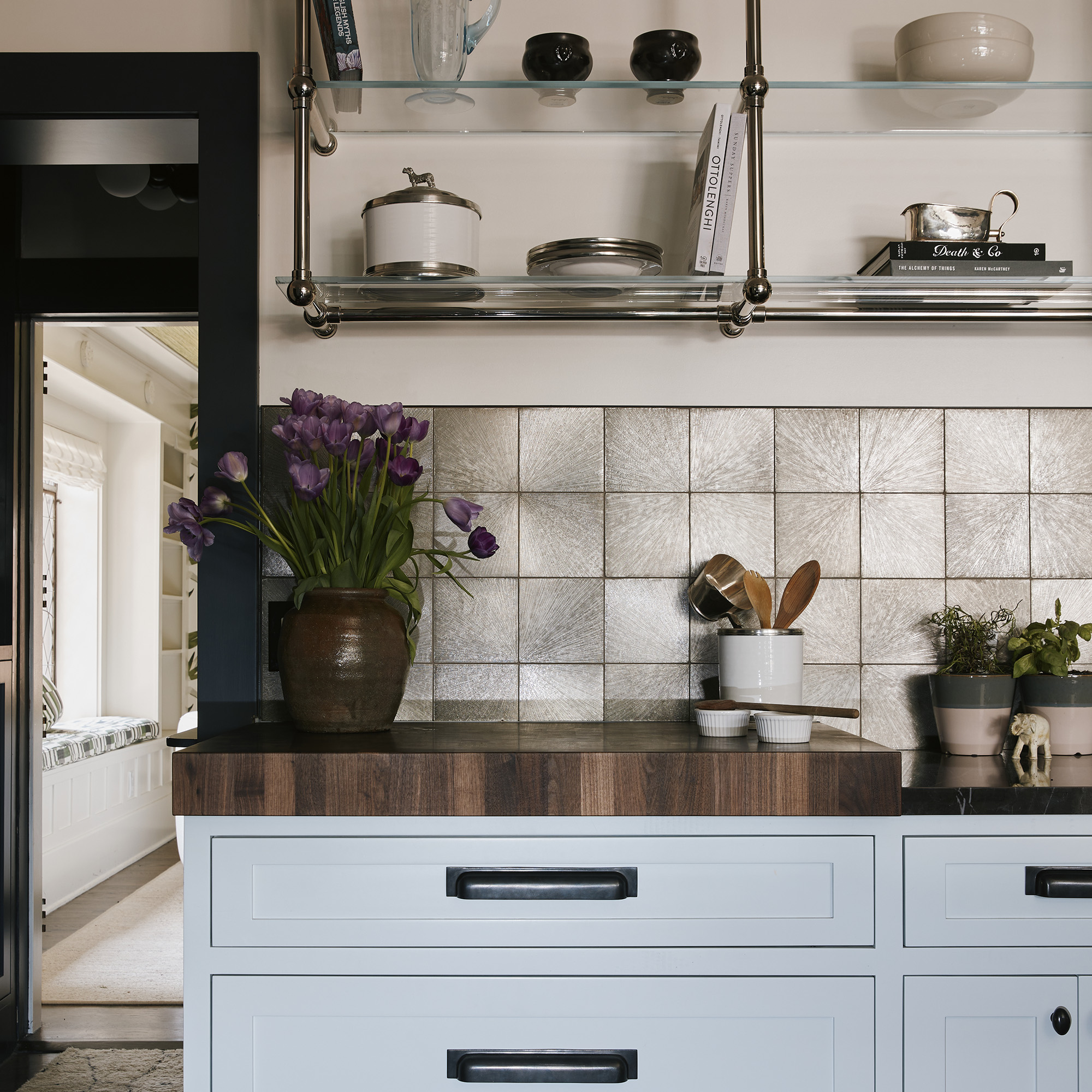 Ball style Bistro Designer Shelving with ceiling & wall mounts in polished nickel with glass shelves