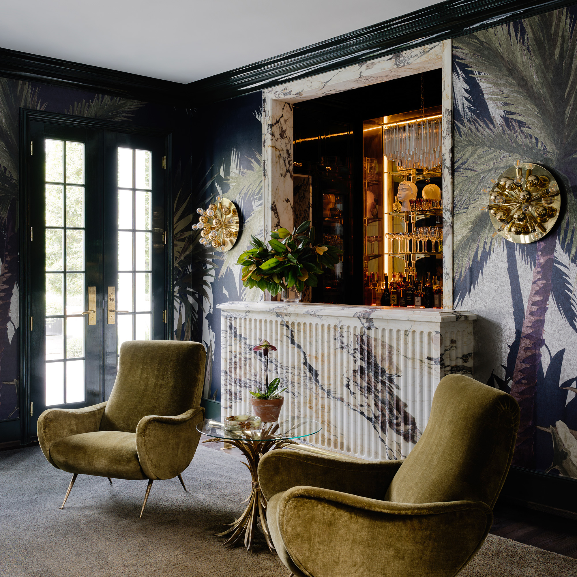 Rack style Cantilever Designer Shelving in polished brass with glass shelving in an exquisite residential bar