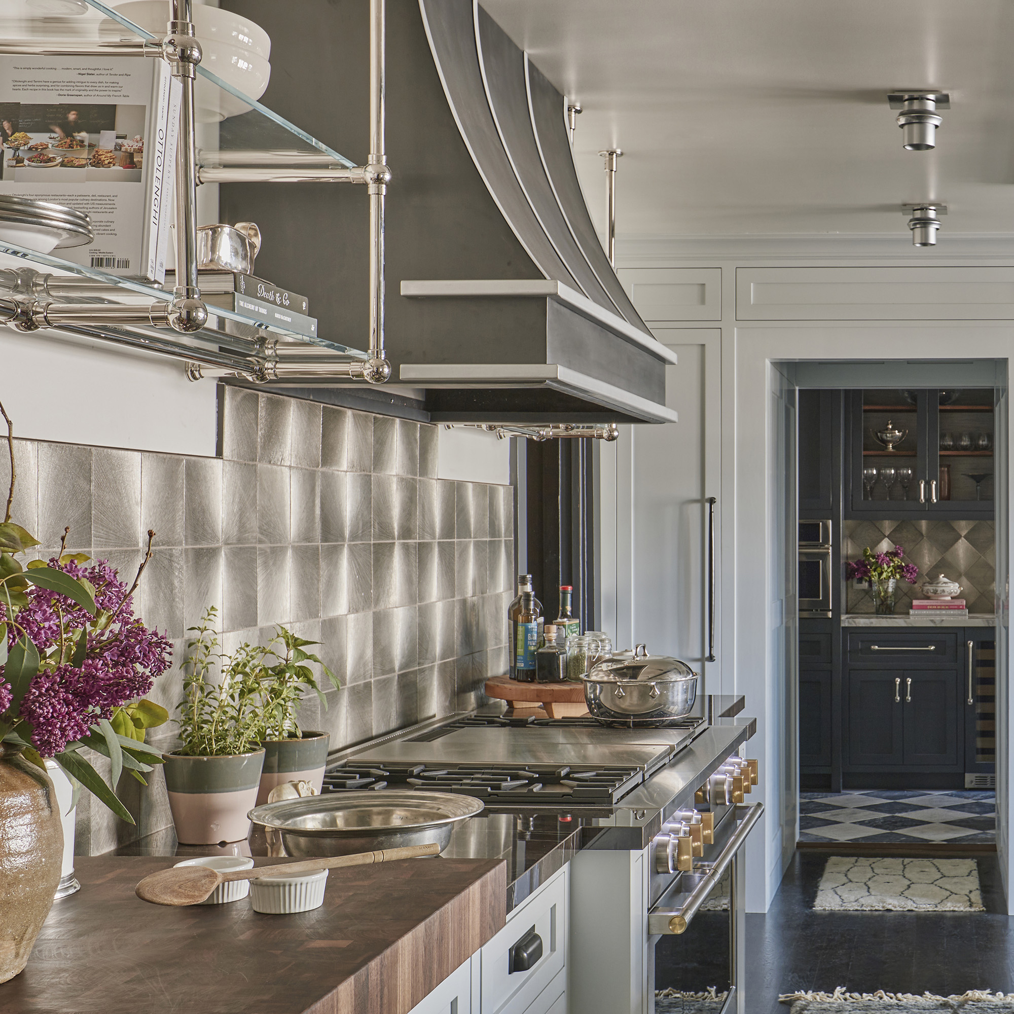 Ball style ceiling & wall mounted Bistro Designer Shelving in polished nickel with glass shelves