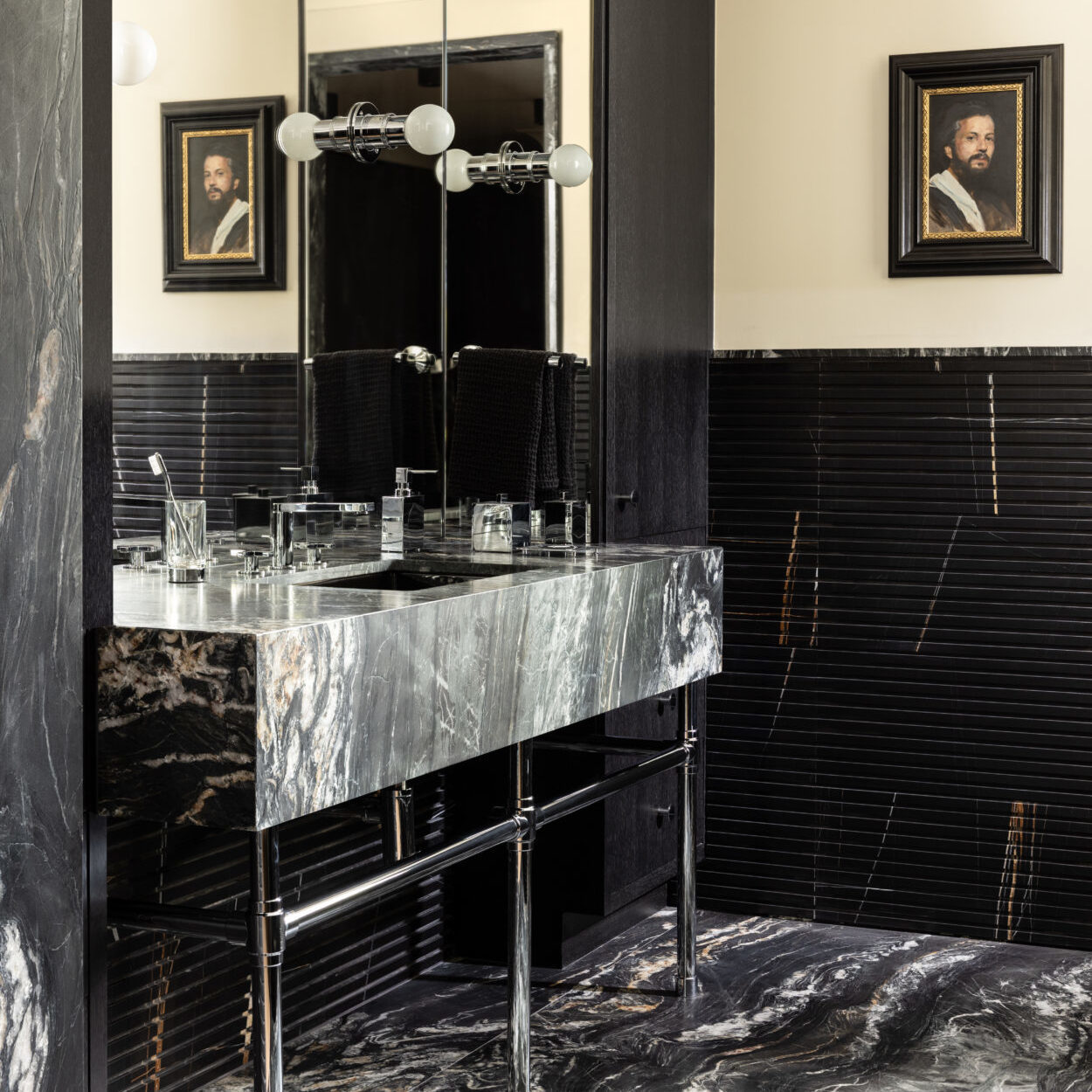 Studio style Vanity Leg System with thick assembled marble top