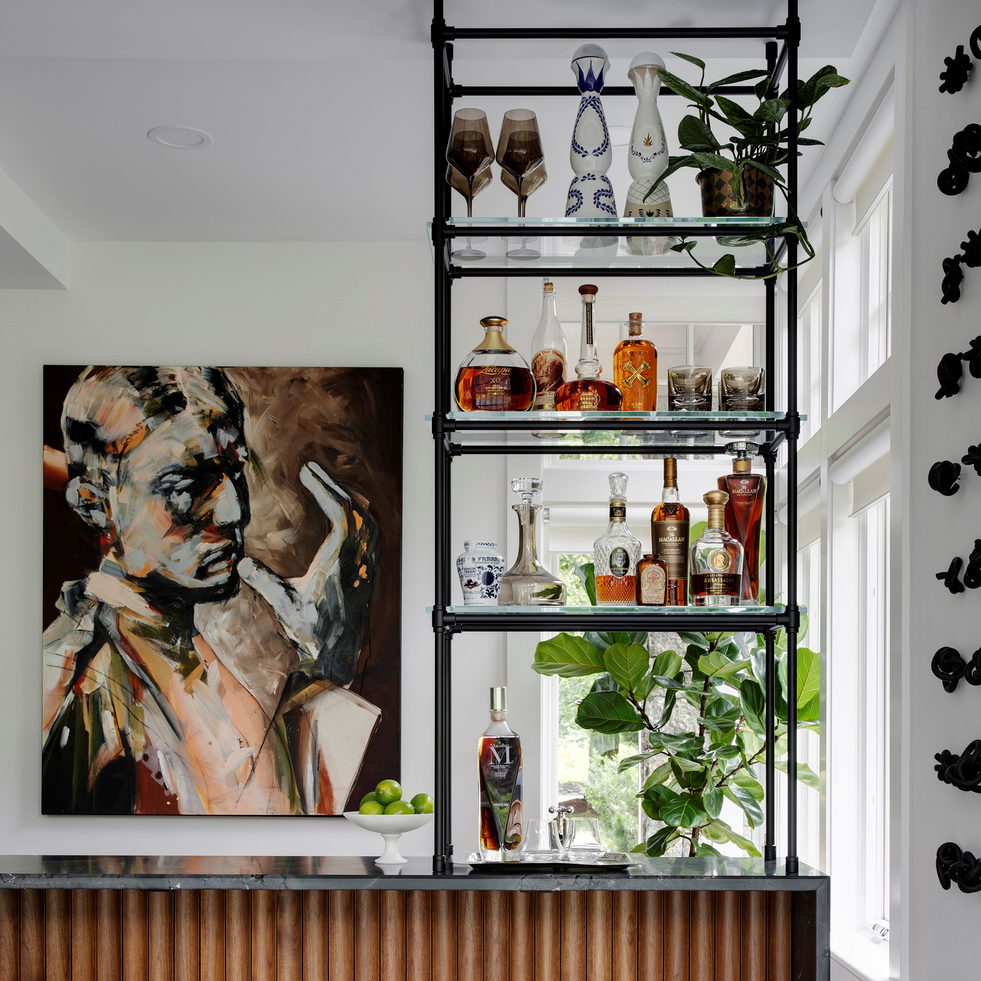 Counter and Ceiling-mounted Studio style Bistro Designer Shelving in matte black finish with glass shelves