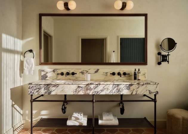 Tapered foot style Vanity Leg System in Oil Rubbed Bronze finish and marble top