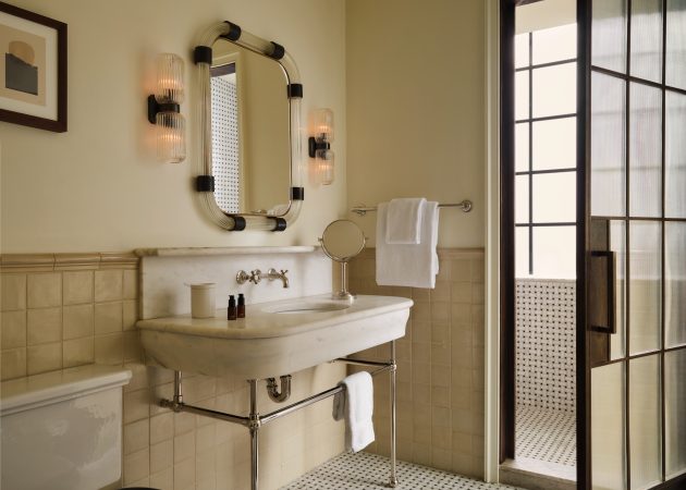Ball Foot Vanity Leg System in polished nickel in Deco bathroom