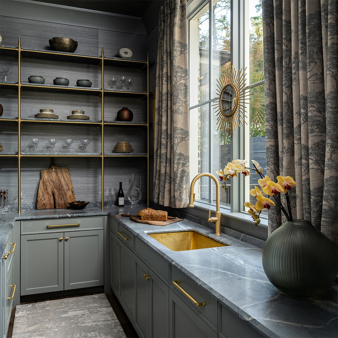 Counter Mounted Brass Studio style Bistro Shelving in a narrow kitchen