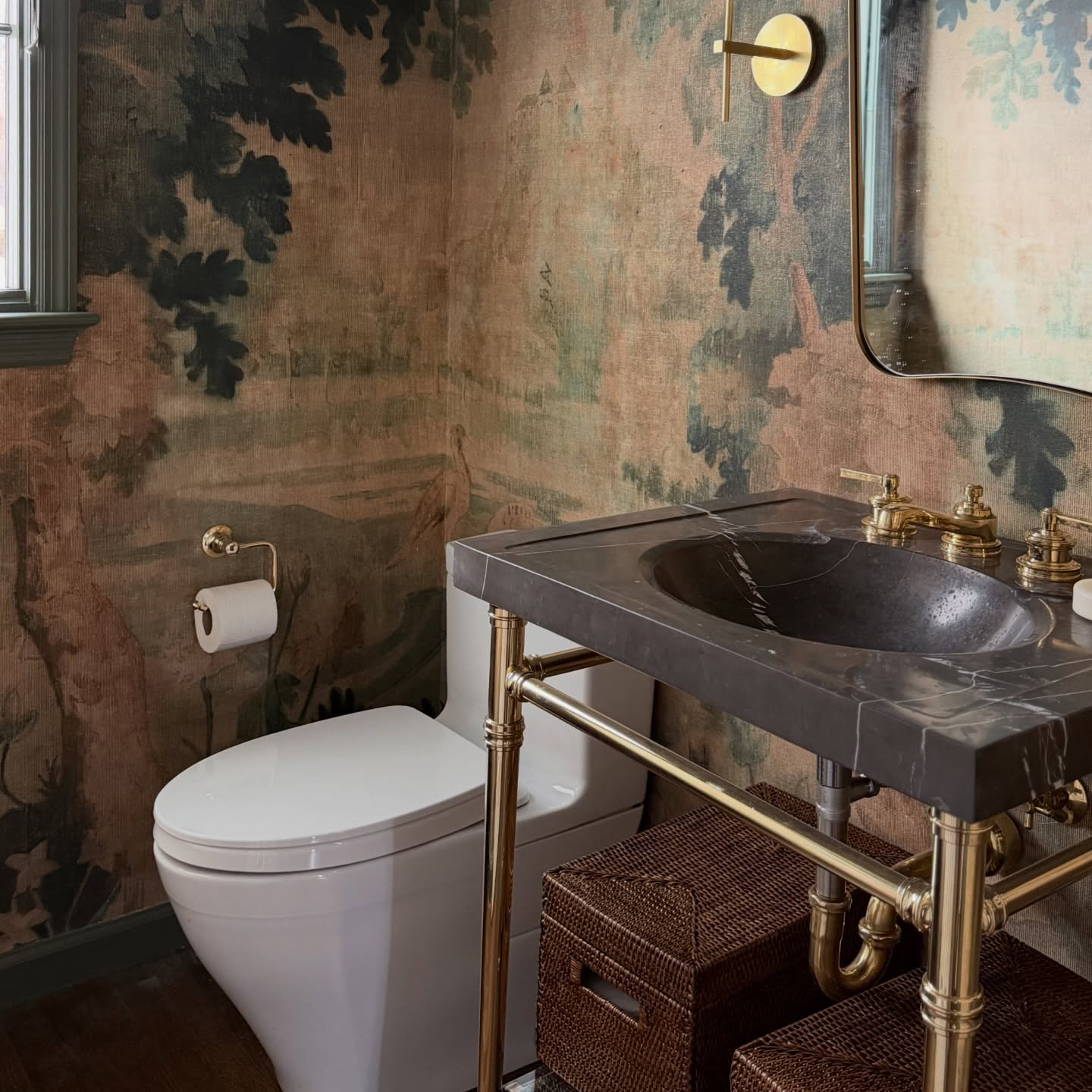 Polished Brass, Westport style Vanity Washstand with gray marble sinktop in bathroom with beautiful wallpaper