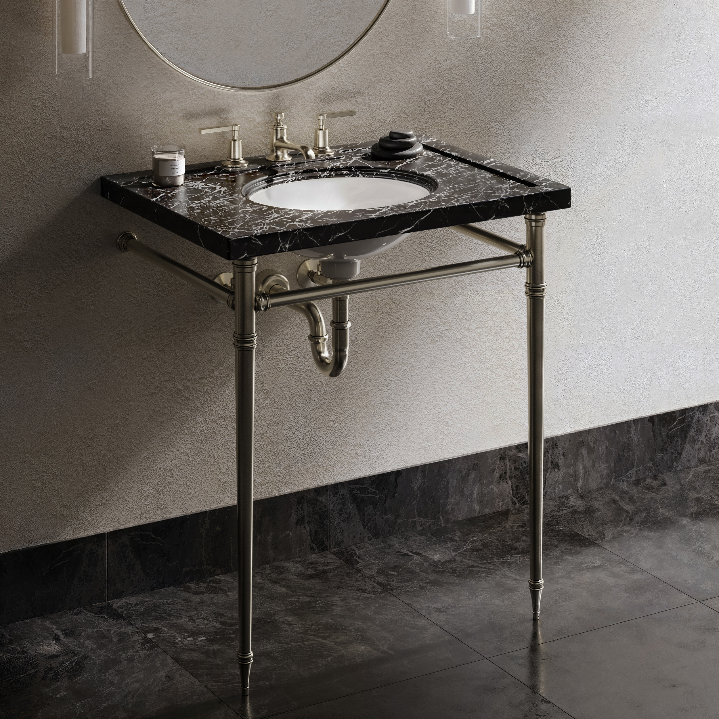 Essex Vanity Legs, Shot in moody lighting, satin nickel finish