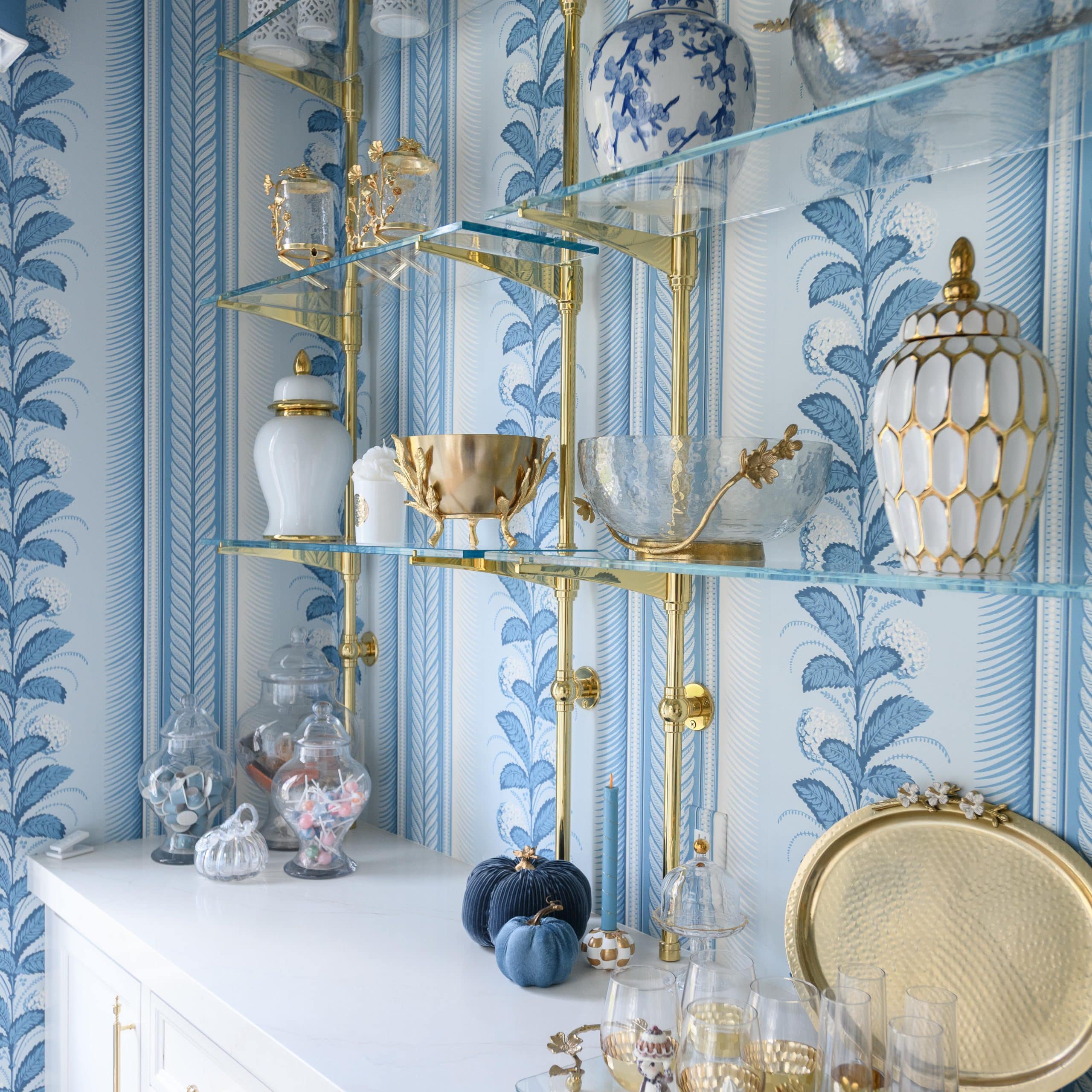Cantilever Shelving, in Polished Brass