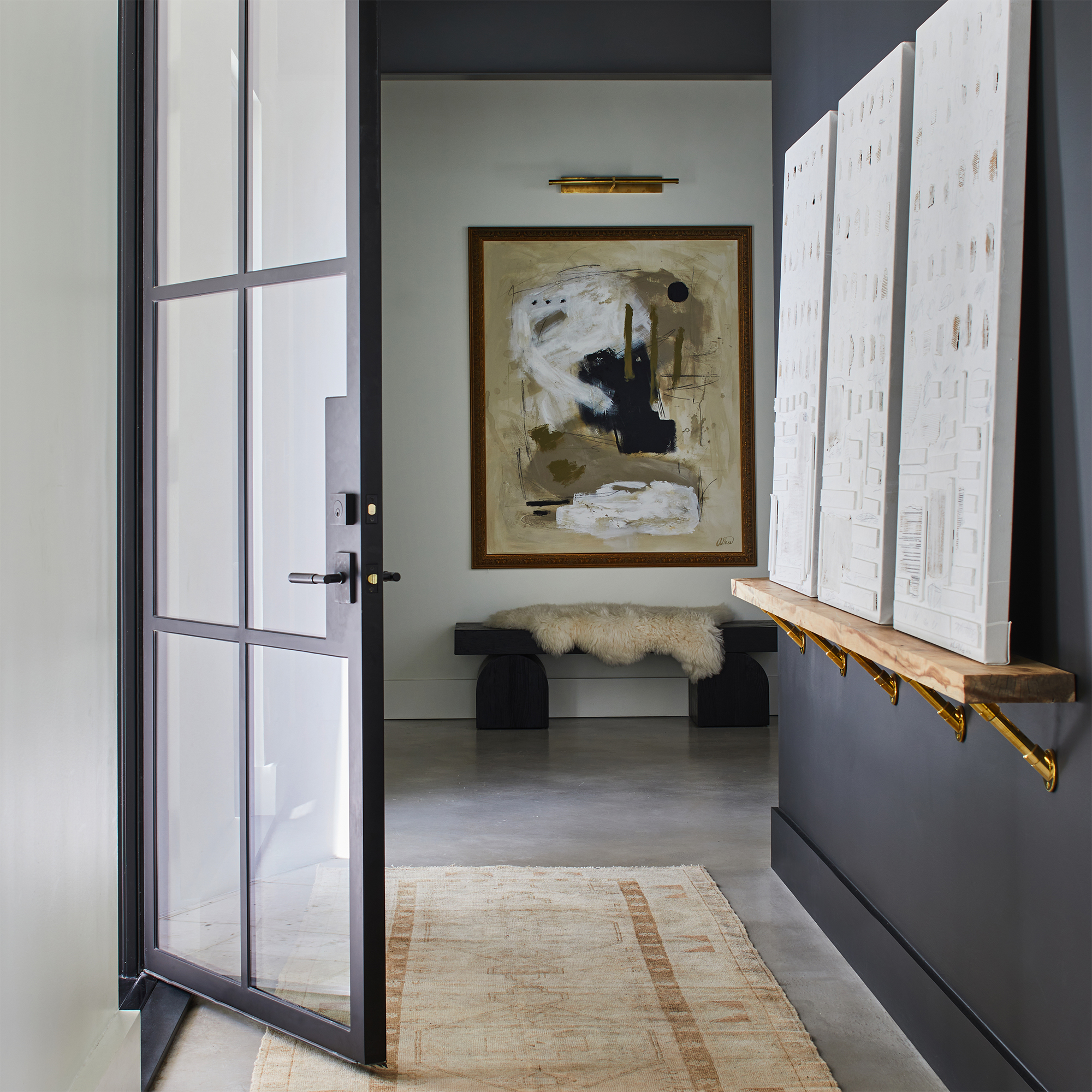Lifestyle photography showcasing Apex Bracket Shelving in Polished Brass