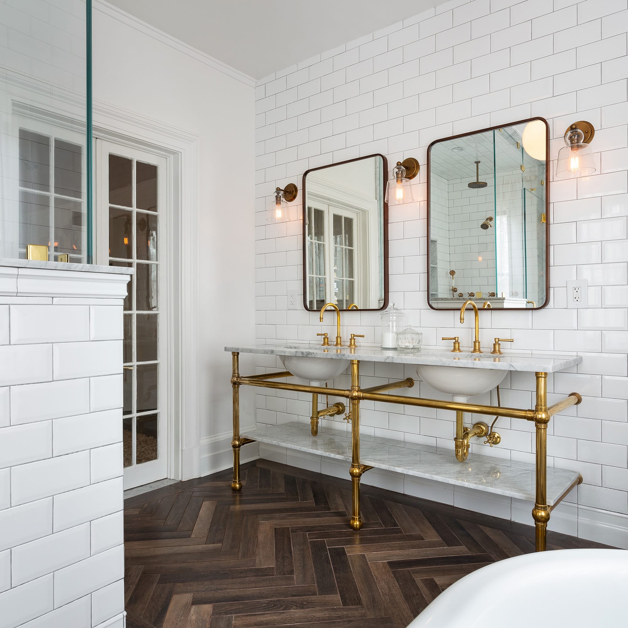 Bathroom with Un-Lacquered Polished Brass Vanity
